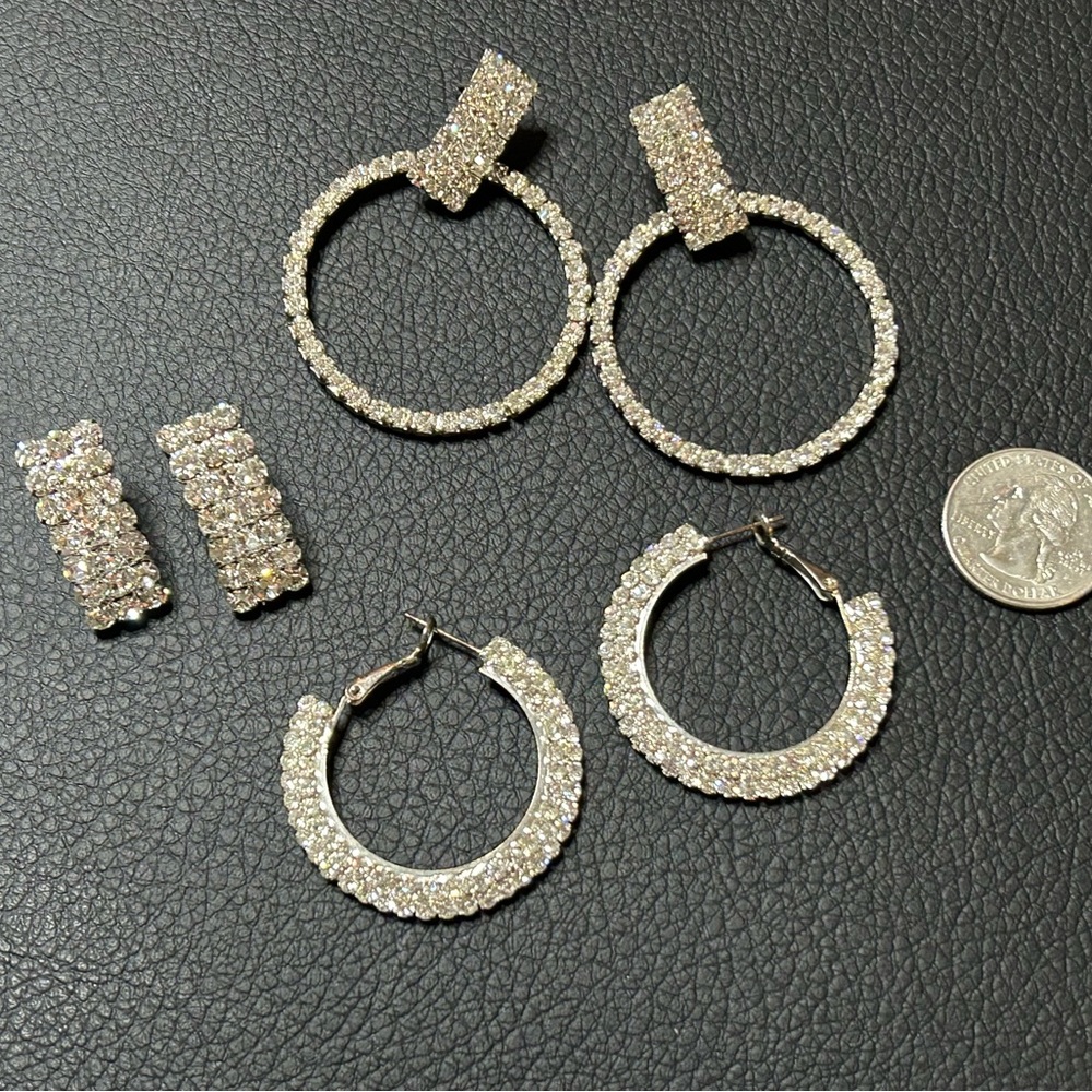 Elegant Silver Rhinestone Hoop Earrings - 3 pairs